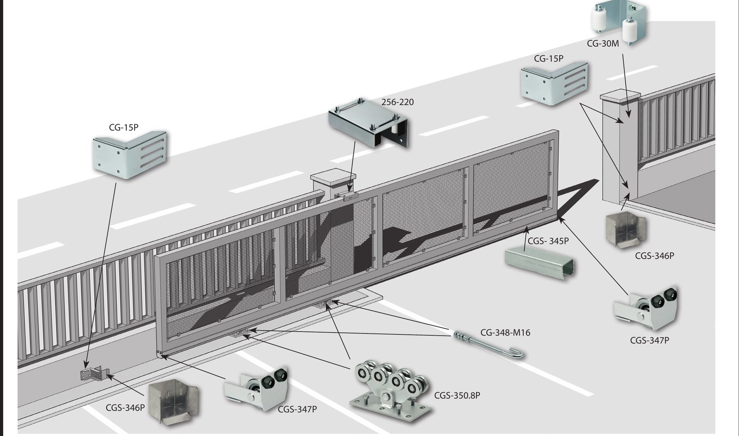 Isometric diagram of a cantilever gate with the accessory parts labeled: CG-15P, 256-220, CG-348-M16, CGS-350.8P, CGS-345P, CGS-346P, CGS-347P, CG-30M