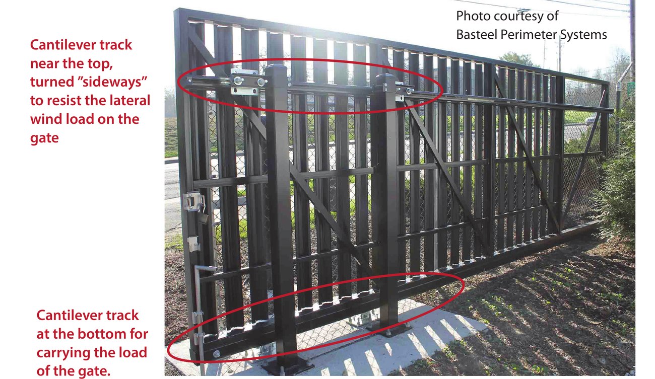 Photo of a cantilever gate track mounted near the top of an ornamental iron gate, with an inset close-up of the guide roller bracket