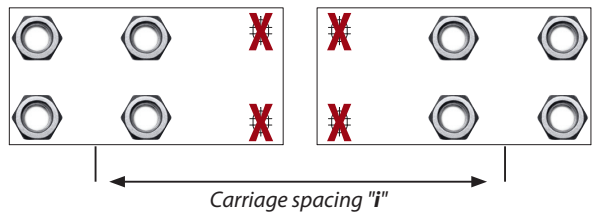 Bolt pattern diagram showing the foundation plate's unused extension oriented inward, between the two carriages