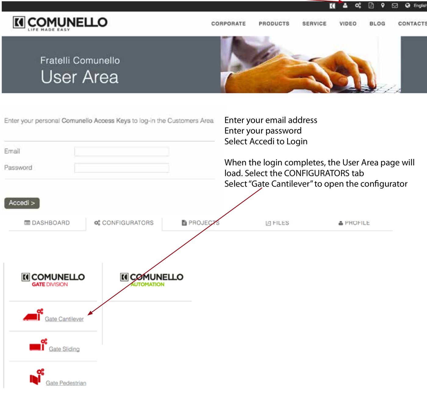 Screenshot of the Comunello User Area login page with email and password fields, and the Configurators tab showing the Gate Cantilever configurator link