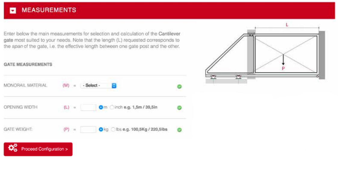 Screenshot of the Measurements step showing Monorail Material, Opening Width, and Gate Weight fields with unit toggles