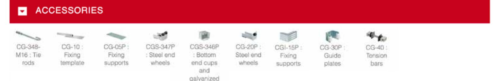 Screenshot of the Accessories step showing icons for tie rods, fixing template, fixing supports, end wheels, end cups, guide plates, and tension bars