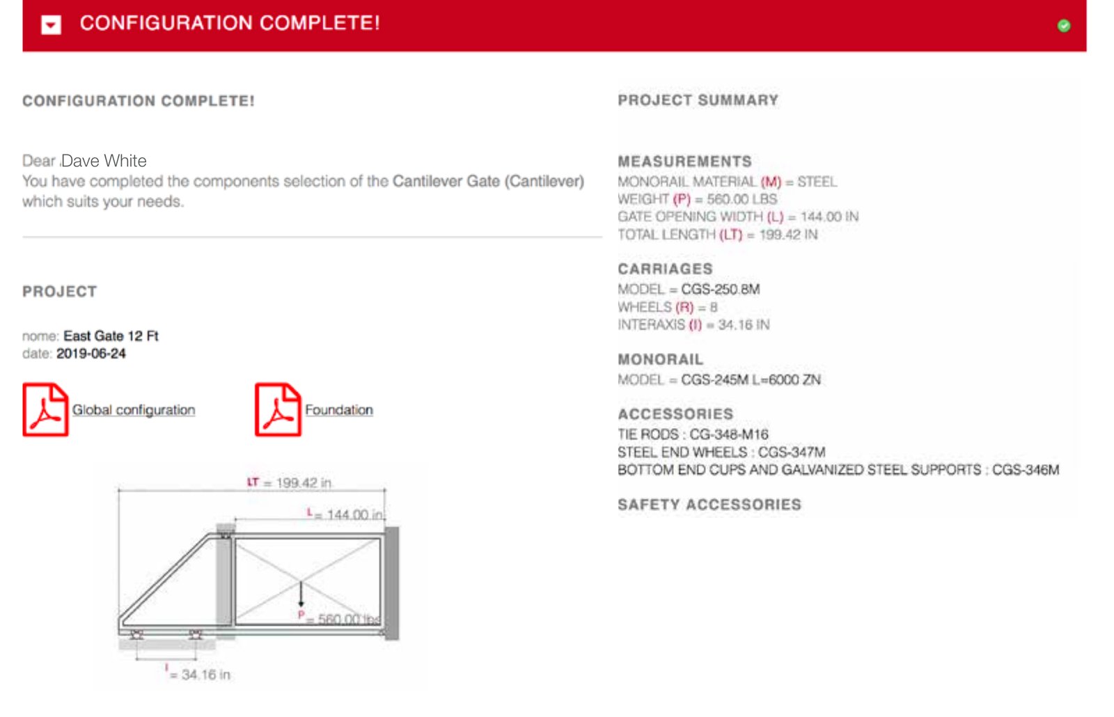 Screenshot of the Configuration Complete page showing the project summary, measurements, carriages, monorail, accessories, and links to download the Global Configuration and Foundation PDFs