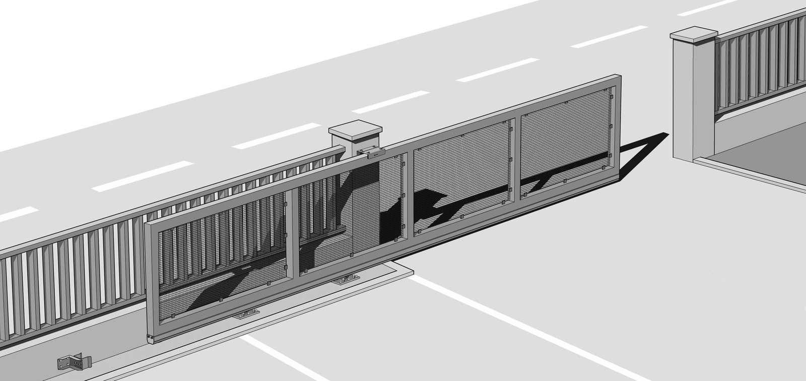 Isometric illustration of a DuraGates cantilever slide gate installed across a driveway