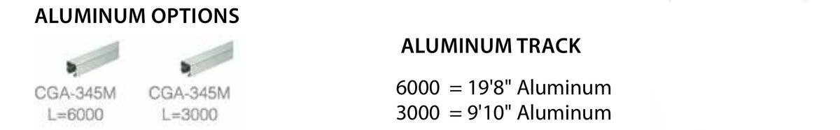 Aluminum monorail track options: 6000 (19'8") and 3000 (9'10") aluminum lengths