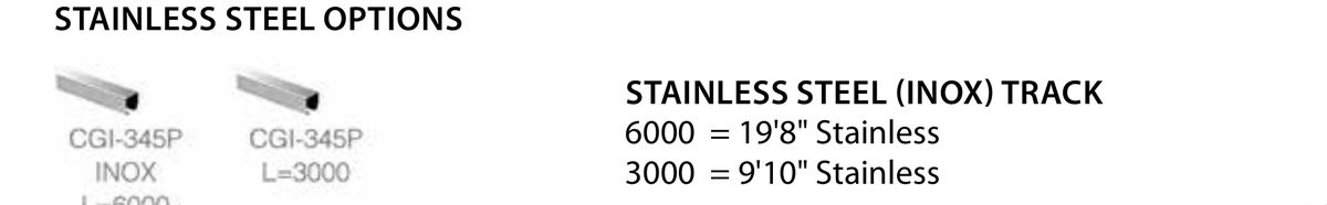 Stainless steel monorail track options: 6000 (19'8") and 3000 (9'10") stainless lengths