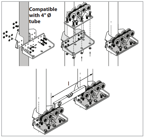 Exploded diagram of a DuraGates post bracket kit compatible with 4 inch round posts, showing the carriage, mounting plate, and hardware