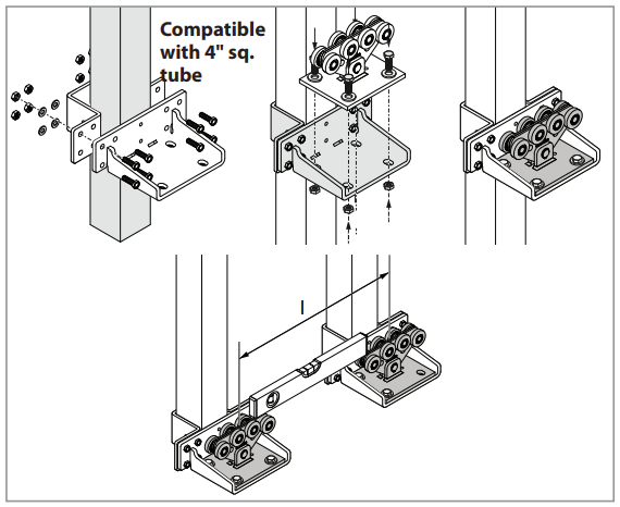 Exploded diagram of a DuraGates post bracket kit compatible with 4 inch square posts, showing the carriage, mounting plate, and hardware
