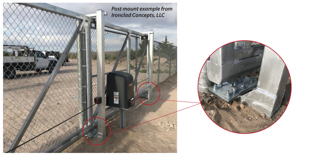Photograph of a galvanized steel cantilever gate installed on posts along a chain-link fence line, with the gate operator mounted mid-span, at a jobsite