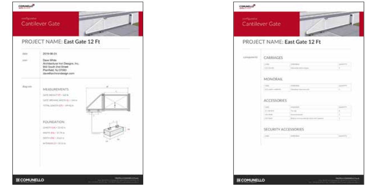 Sample Global Configuration and Foundation PDF reports generated by the Comunello configurator