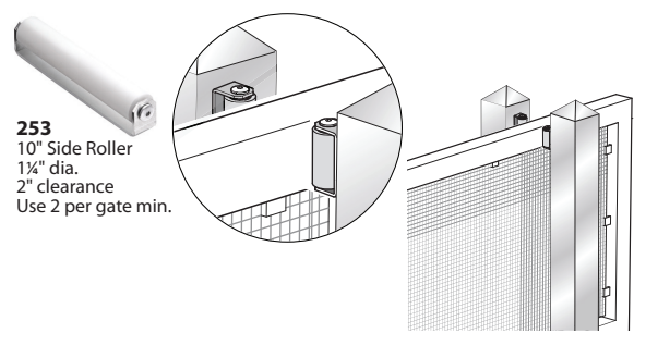 Diagram of the 253 side roller with 1 1/4 inch diameter and 2 inch clearance, installed on both sides of a chain-link gate