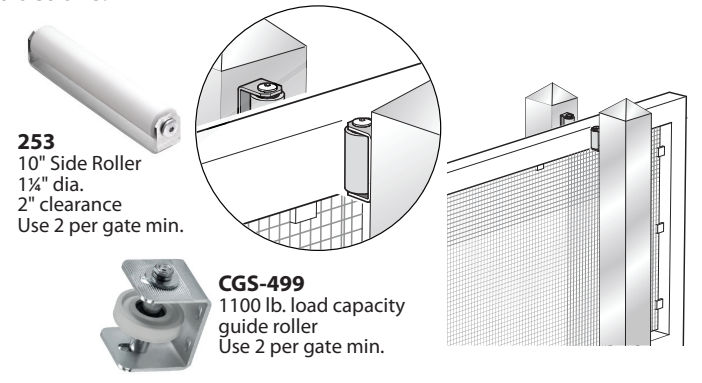 Photo of the 253 10-inch side roller and CGS-499 1100 lb guide roller hardware, plus an installation close-up