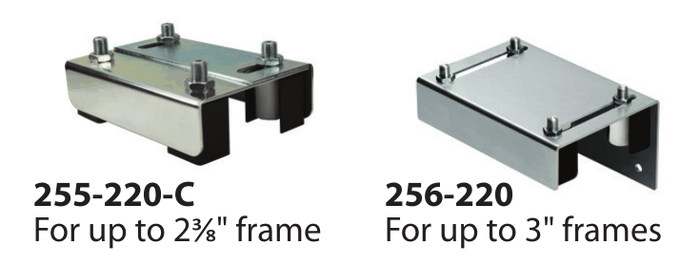 Product photos of the 255-220-C, 256-220, and 256-300 over-the-top guide brackets